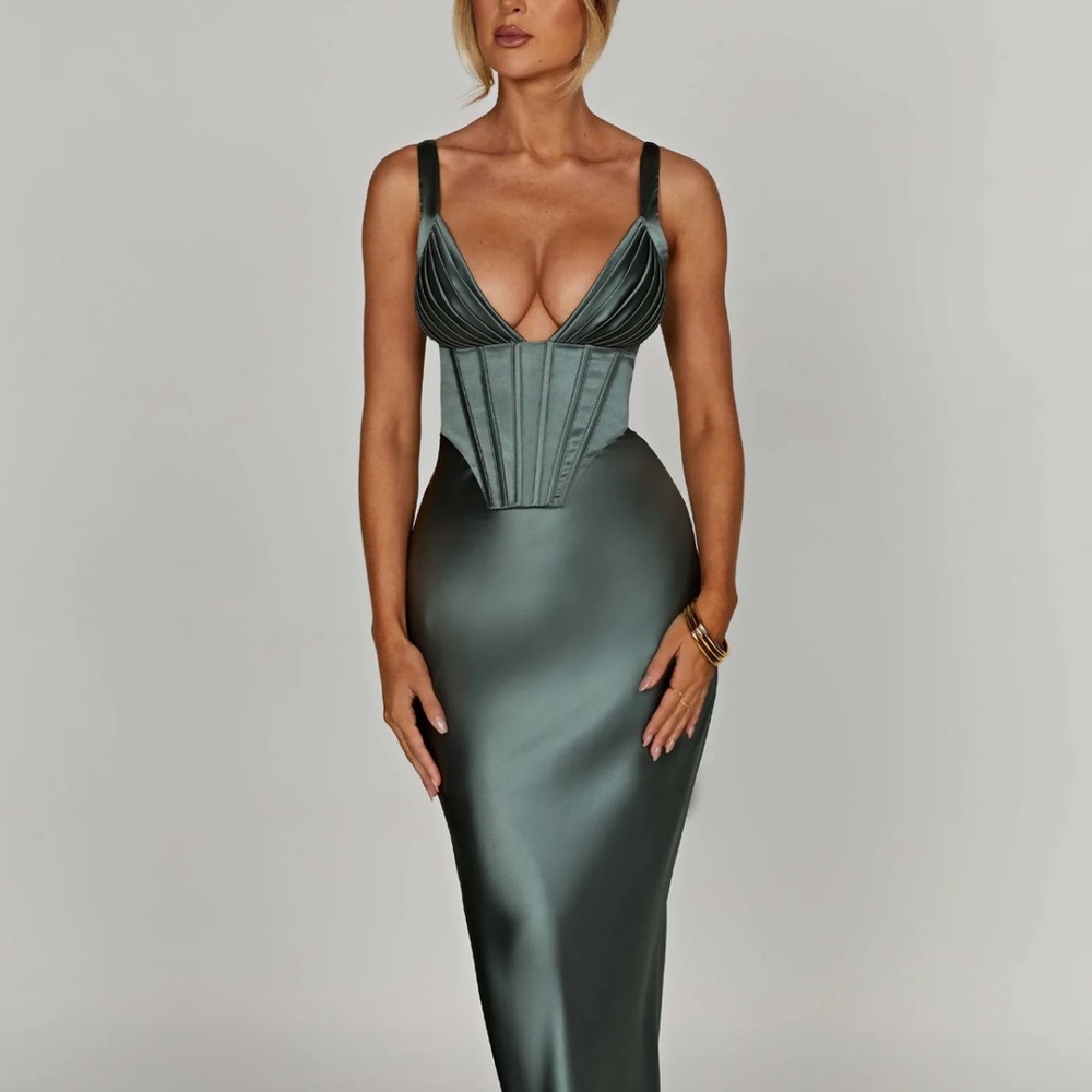 Elegant Satin Maxi Dress in Dark Green